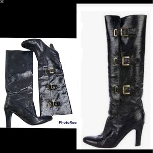 Stella‎ McCartney knee high textured patent leather heeled boots with buckles